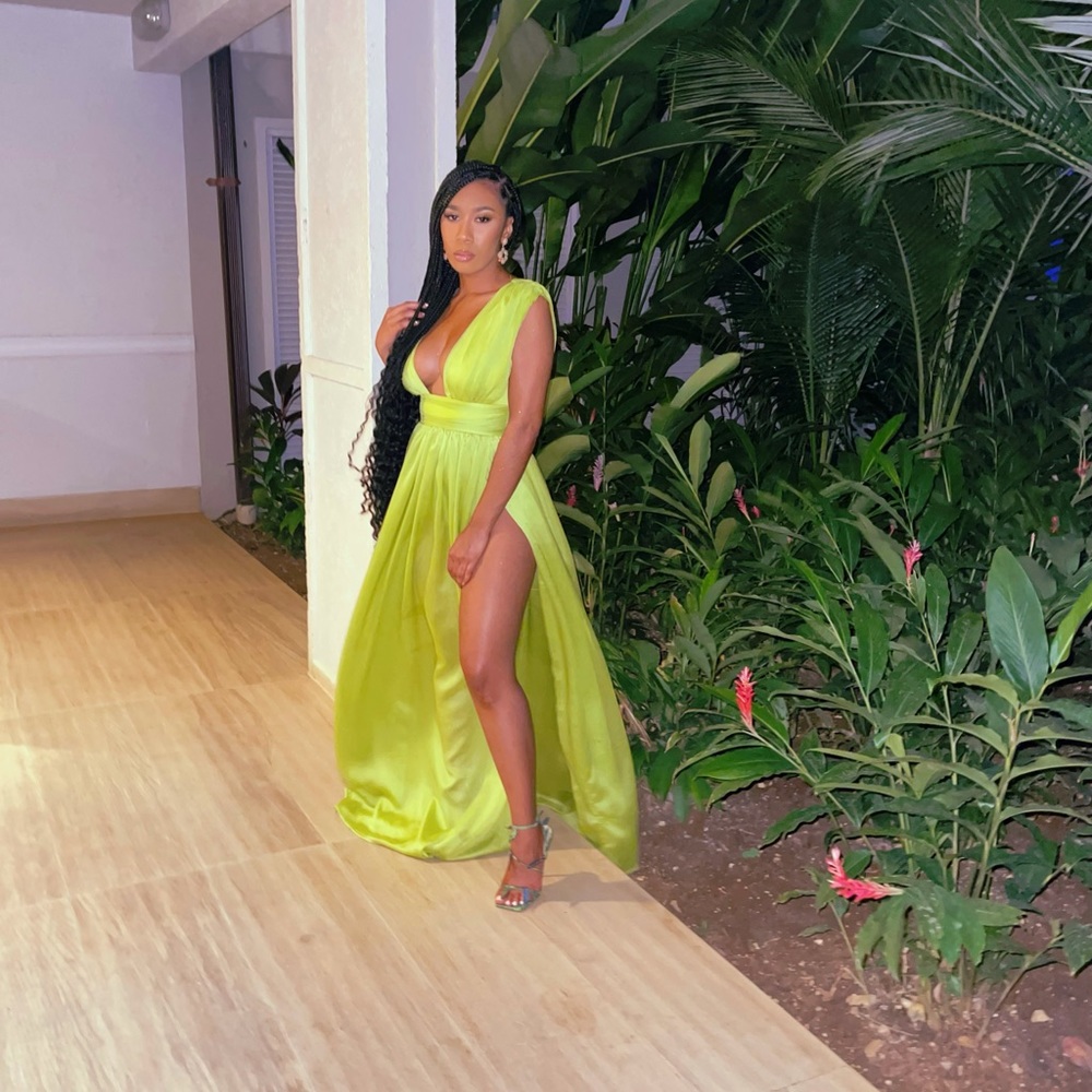 Miss Circle Lime Silk Pleated High Slit Maxi Dress